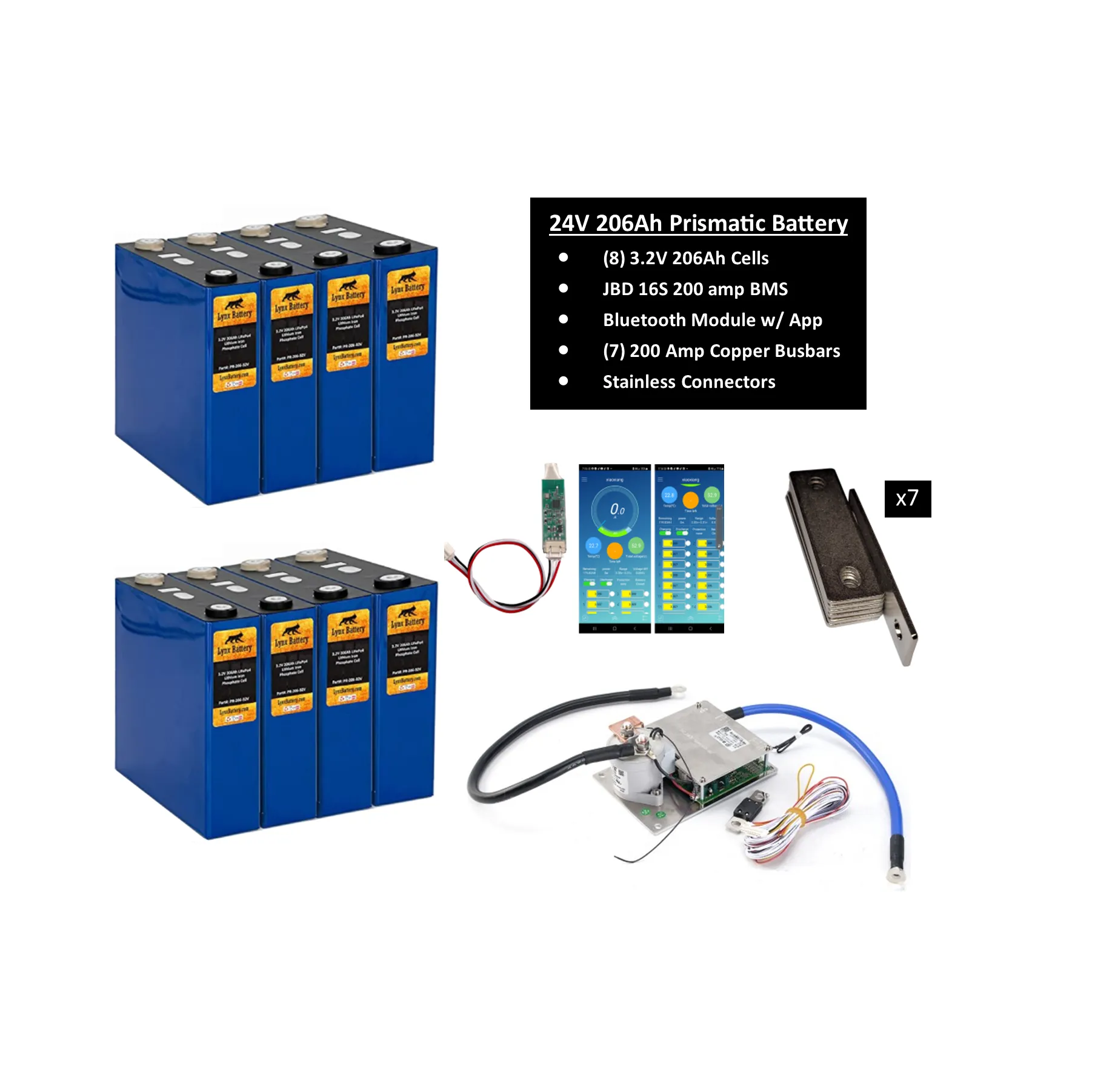 High-Performance 24V 206Ah Lithium Iron Phosphate (LiFePO4) Prismatic Battery with 200A Advanced Battery Management System (BMS) - Ideal for Renewable Energy and Electric Vehicles