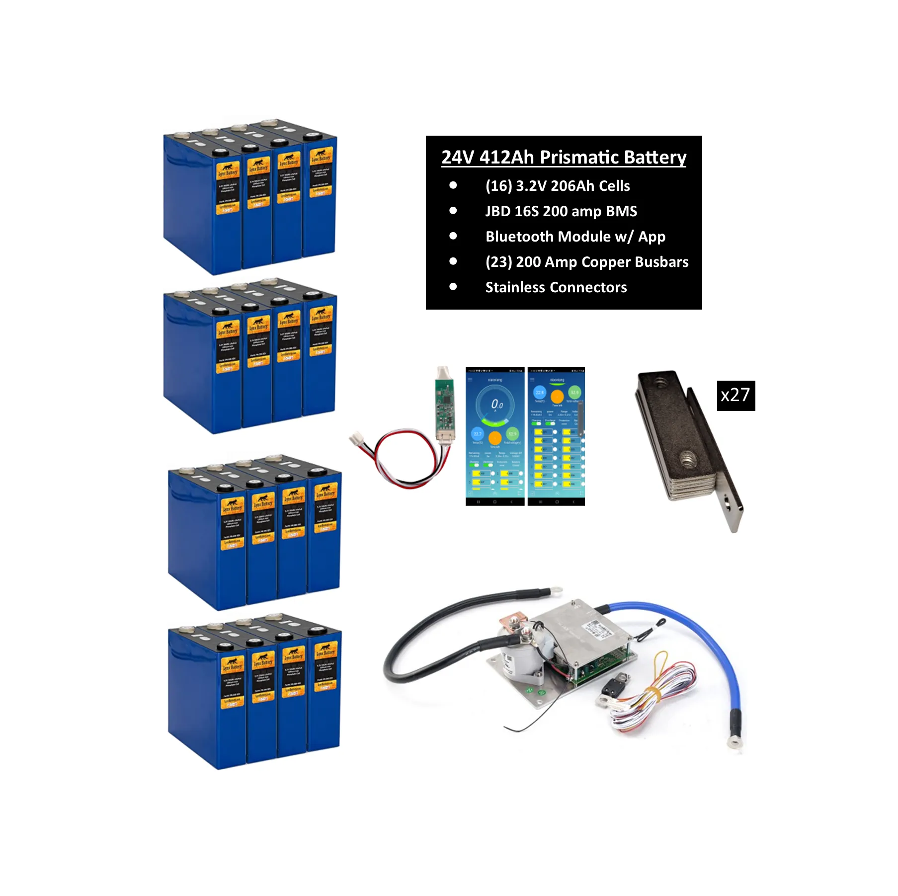 High-Performance 24V 206Ah Lithium Iron Phosphate (LiFePO4) Prismatic Battery with 200A Advanced Battery Management System (BMS) - Ideal for Renewable Energy and Electric Vehicles