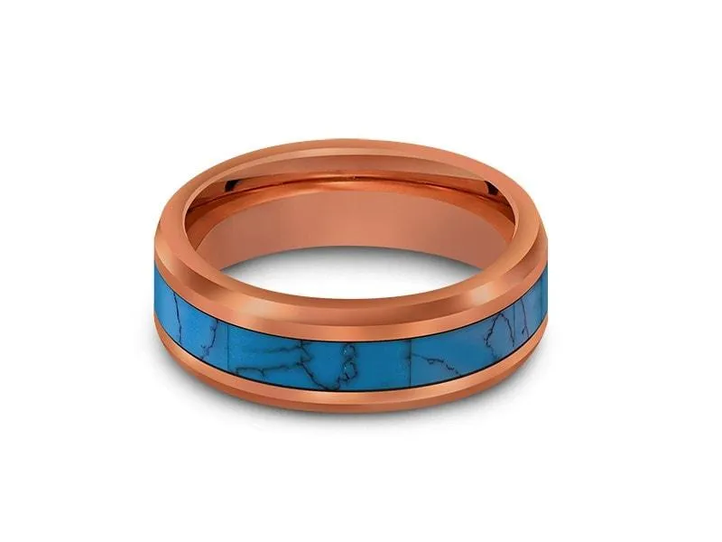 6MM Turquoise Tungsten Wedding Band BEVELED AND ROSE GOLD INTERIOR