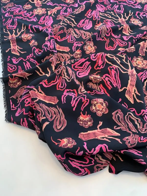 Abstract Printed Silk Crepe de Chine - Black / Pink / Tan / Dusty Rose-Purple