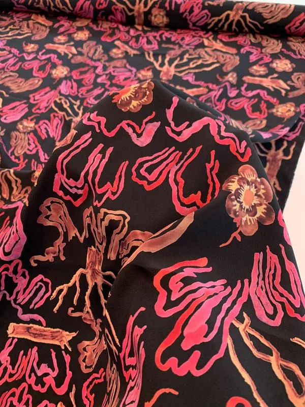 Abstract Printed Silk Crepe de Chine - Black / Pink / Tan / Dusty Rose-Purple