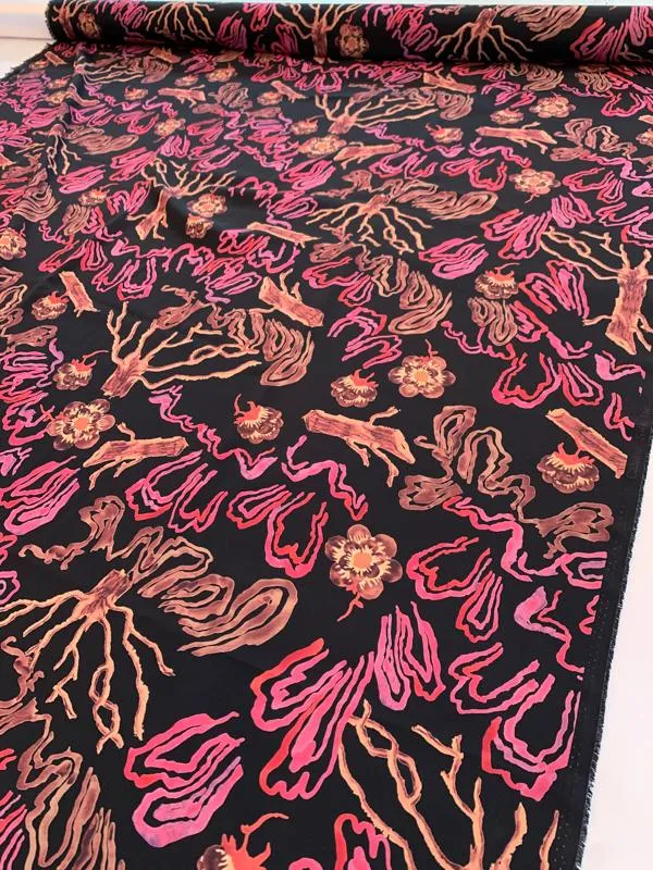 Abstract Printed Silk Crepe de Chine - Black / Pink / Tan / Dusty Rose-Purple