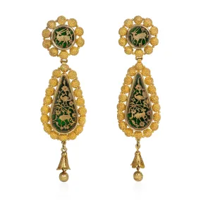 Antique green glass and gold naturalistic scene pendant earrings