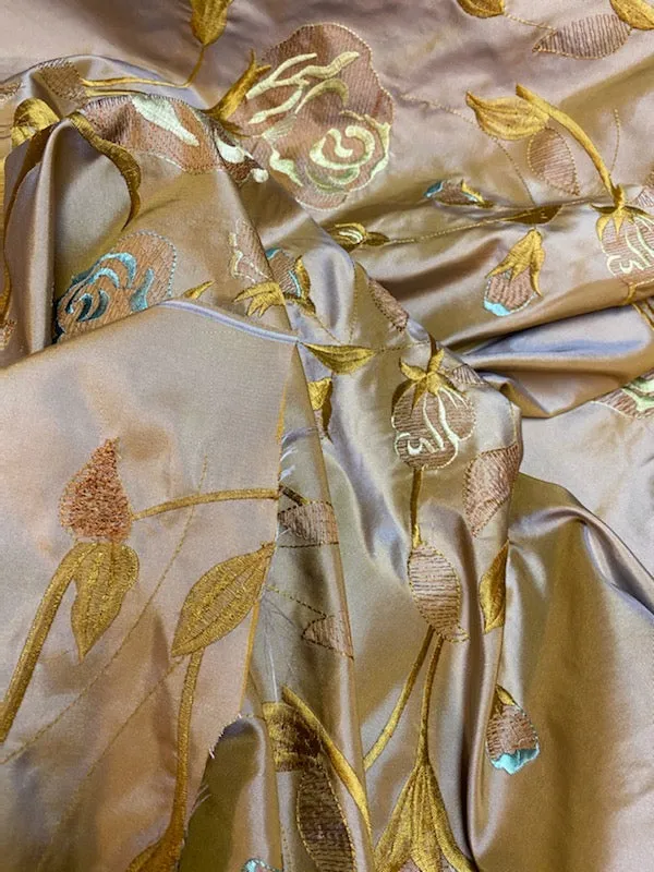 NEW Queen Margaery 100% Silk Taffeta Fabric Floral Embroidered Rose Chartreuse with Lavender Iridescence